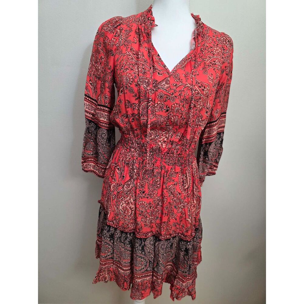 Shoshanna Coral Paisley Border Print Dress Smocked Waist